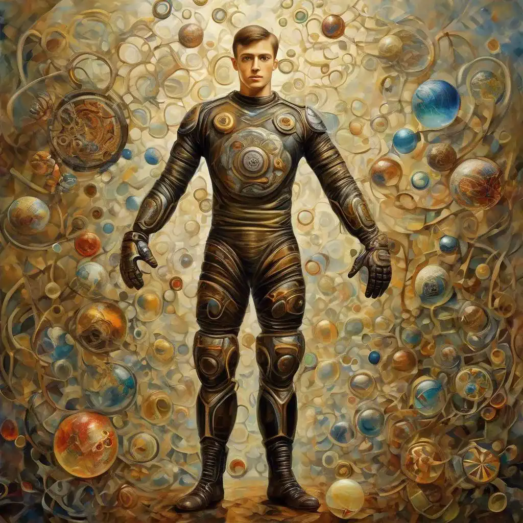 Selbstbewusster mann in futuristischer roboterschutzanzug vor kosmischen hintergrund mit globen und kreisen, kunstwerk „der wind der kunst“ auf suziu.com, moderne kunst, surrealer stil, fantasievolle darstellung, kunstinstallation.