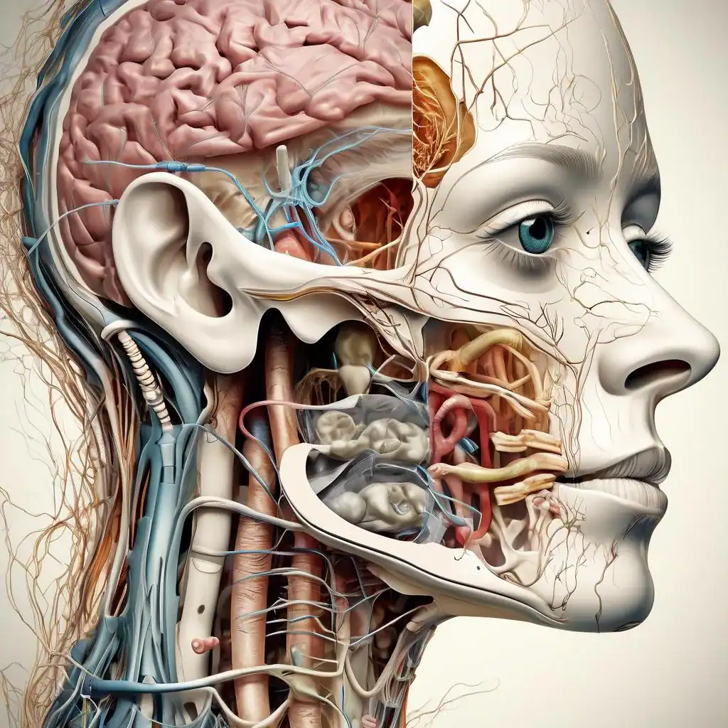 Anatomische Illustration des menschlichen Kopfes mit Fokus auf das Nervensystem, Gehirn und Sinnesorgane, detailreiche Darstellung der Anatomie für medizinische Forschung und Bildung.