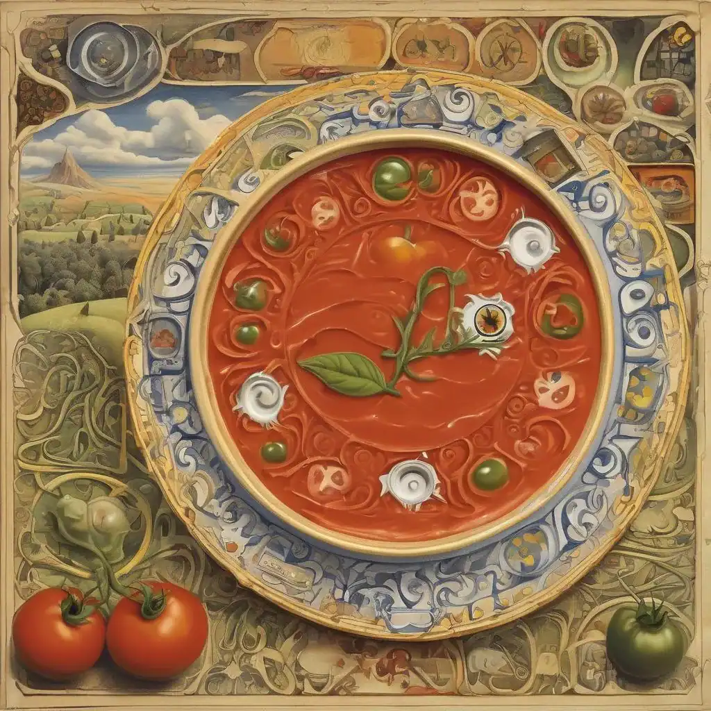 Frischer Tomatensalat mit Basilikum, umgeben von Gemälden im künstlerischen Stil, verbunden mit dem Thema Kunst und Natur im Bild.