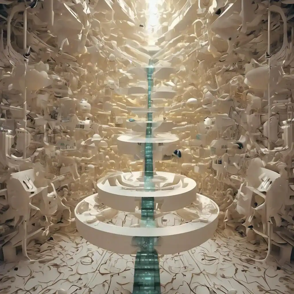 Hochwertige, abstrakte Kunstinstallation mit weißen Plastikteilen, die an eine moderne, kreative Kunstwelt erinnern. Perfekt für zeitgenössische Kunstliebhaber und Kunstsammler.