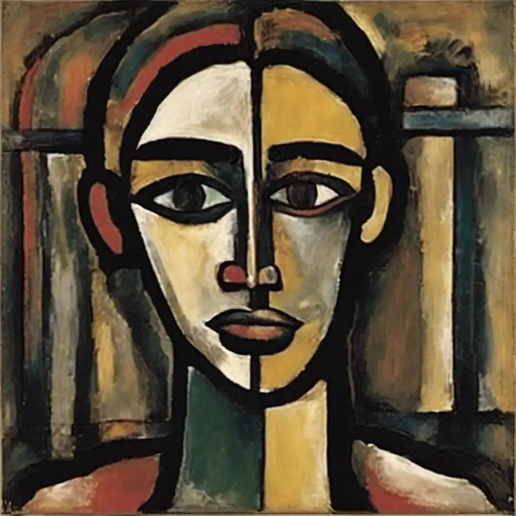 Besondere abstrakte Kunst: Ausdrucksstarke Portraitmalerei im kubistischen Stil mit kräftigen Linien und lebhaften Farben.