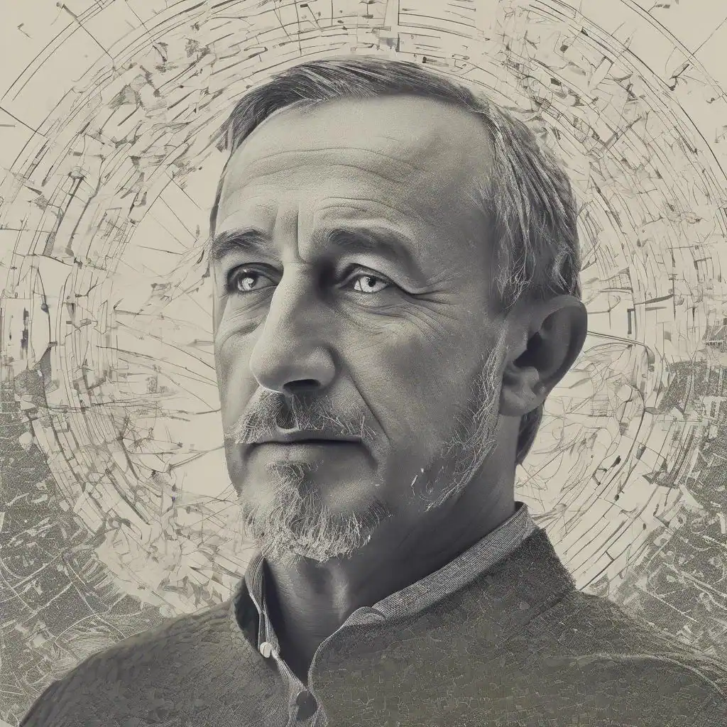 Zeitgenössisches Portrait eines Mannes, künstlerisch interpretiert mit geometrischen und abstrakten Elementen, symbolisiert den Einfluss von Kunst und Wind auf Kreativität und Inspiration.