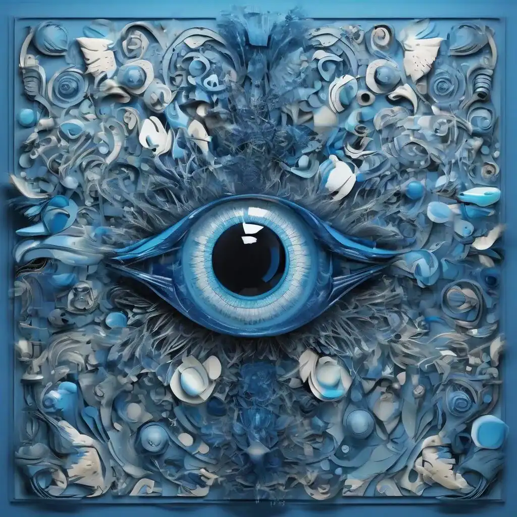 Augen-Kunstinstallation in blauen Tönen, detailreiches Wandbild mit 3D-Relief, abstrakte Formen und dynamische Texturen, inspiriert von der Kunst des Windes und visueller Bewegung.