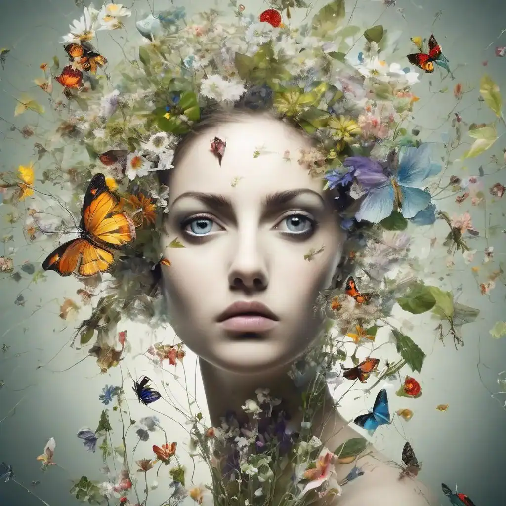 Verträumtes Portrait einer jungen Frau mit Flügeln, umgeben von fliegenden Schmetterlingen und bunten Blumen, inspiriert von Natur und Kunst, ideal für kreative und künstlerische Inhalte.