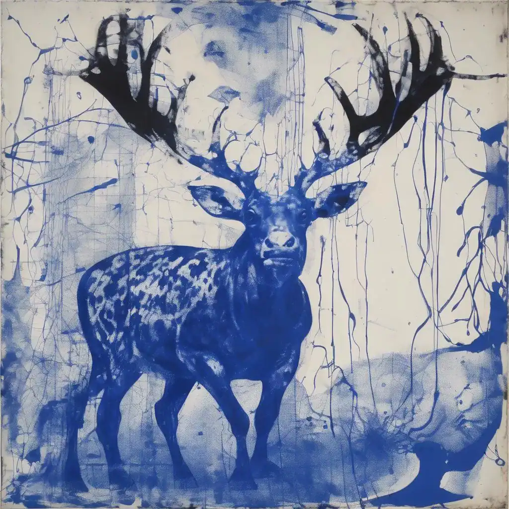 Verwunschener blauer Hirsch mit mächtigen Geweihen, Kunstwerk inspiriert von Natur und Wald, Ausdrucksstarke Street Art, kreative Wandgestaltung, moderne urbaner Kunst.