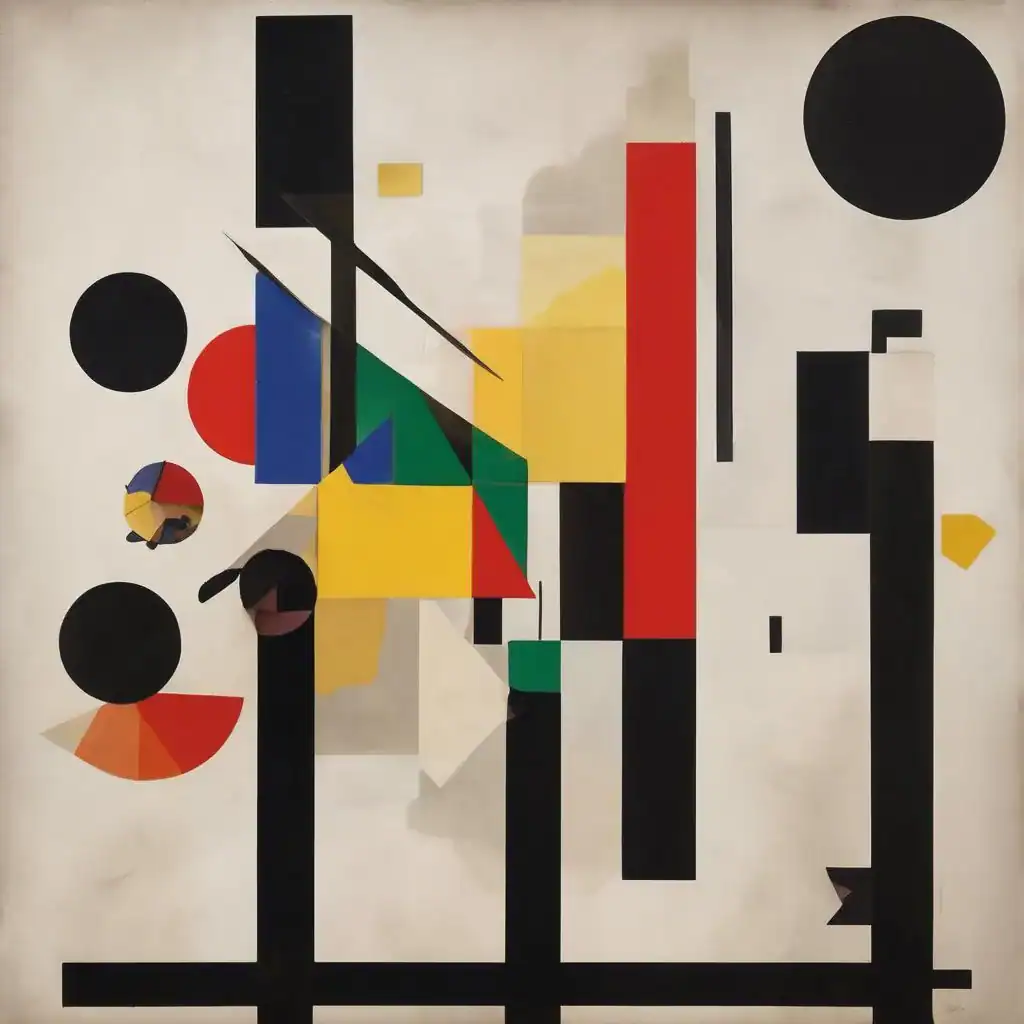 Vielfältiges abstraktes Kunstwerk mit geometrischen Formen und lebendigen Farben, inspiriert von Wind und Bewegung, präsentiert bei Der Wind der Kunst | suziu.com.