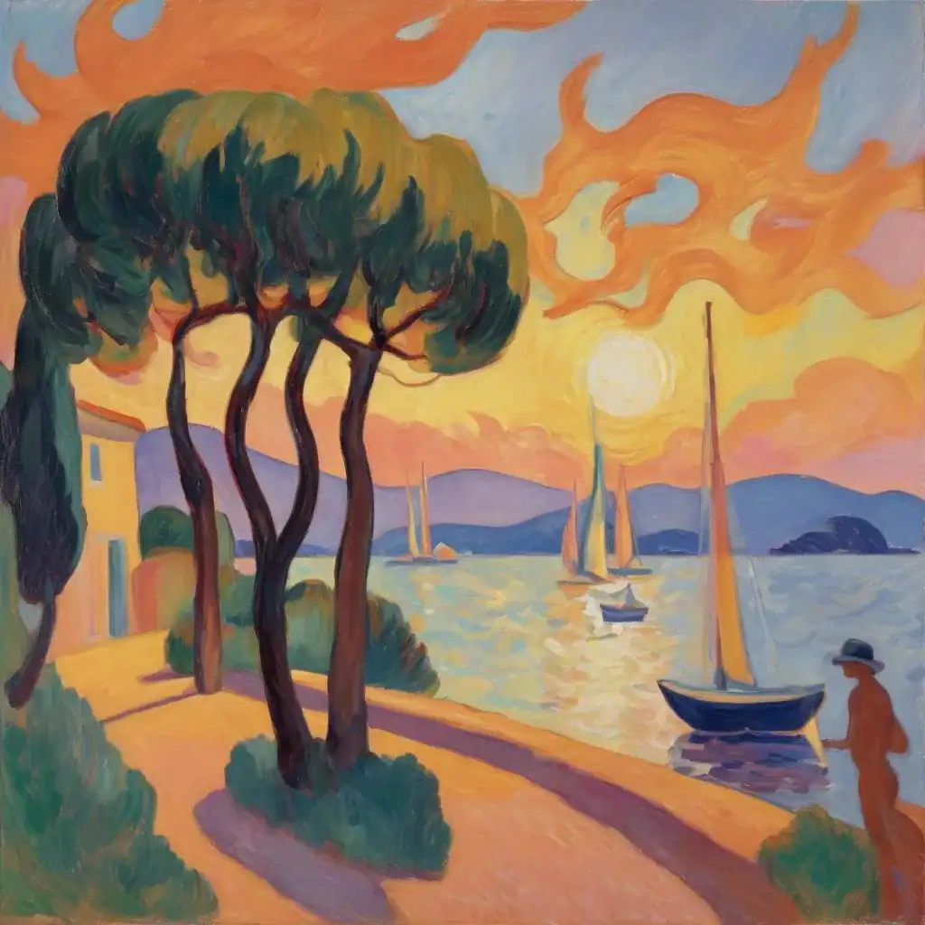 Farbintensive Malerei eines Sonnenuntergangs an der Bucht mit Segelbooten und stilisierten Bäumen, inspiriert von expressionistischer Kunst, auf suziu.com gezeigt.