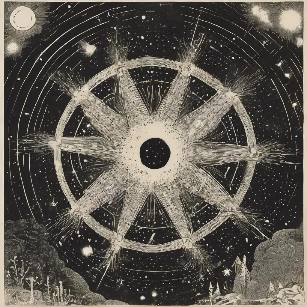 Leuchtendes Sternenrad im nächtlichen Himmel, inspiriert von „Der Wind der Kunst“ auf suziu.com, zeigt eine fantasievolle Kombination aus kosmischer Energie und kreativer Inspiration.
