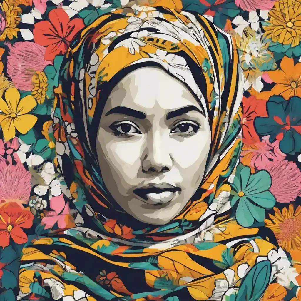 Künstlerische Illustration einer Frau mit farbenfrohem Kopftuch, Blumenmotiv, modernes Kunstwerk, digitale Kunst, kreative Darstellung, afrikanisches Design, bunte Blumen, inspirierende Kunst, Wanddekoration, zeitgenössische Kunst, suziu.com, Der Wind der Kunst.