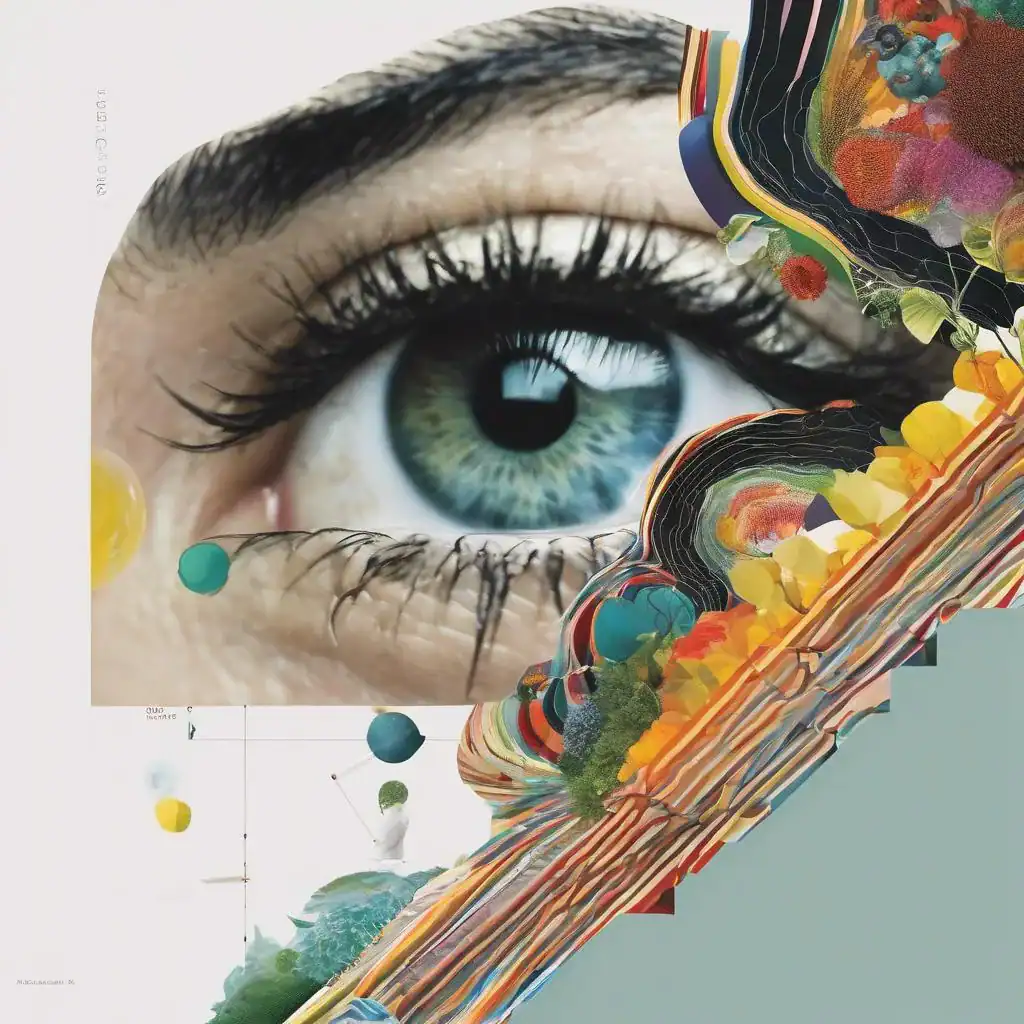 Leuchtendes Nahaufnahme eines menschlichen Auges mit künstlerischer, farbenfroher Collage im Kontext von "Der Wind der Kunst" bei suziu.com.