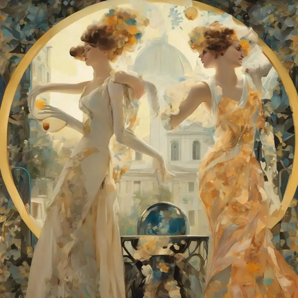 Elegantemode und Kunstdesign – two women in künstlerischen Abendkleidern vor einer kunstvollen Kulisse, inspiriert von moderner und klassischer Schönheit, perfekt für Kunstliebhaber und Modeenthusiasten.