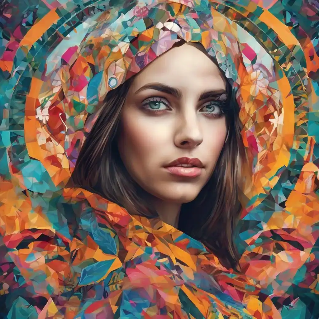 Farbenfrohes abstraktes Kunstportrait einer jungen Frau mit lebendigen Farbmustern und geometrischen Elementen, inspiriert von der Kunstbewegung "Der Wind der Kunst" bei suziu.com.