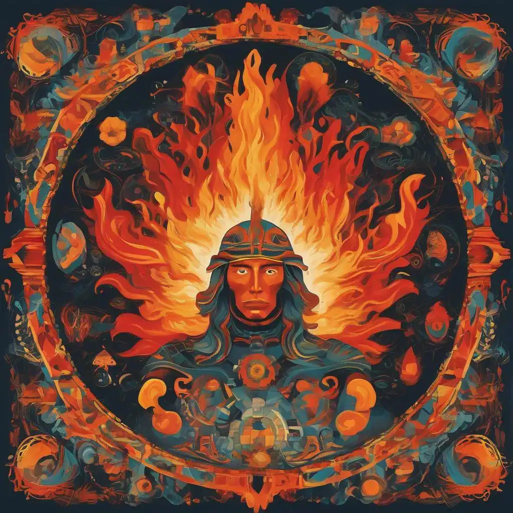 Feuriger Krieger mit Helm vor einem Kreis aus Flammen, umgeben von abstrakten Formen und mystischen Symbolen, symbolisiert Kraft, Transformation und innere Stärke in der zeitgenössischen Kunst.