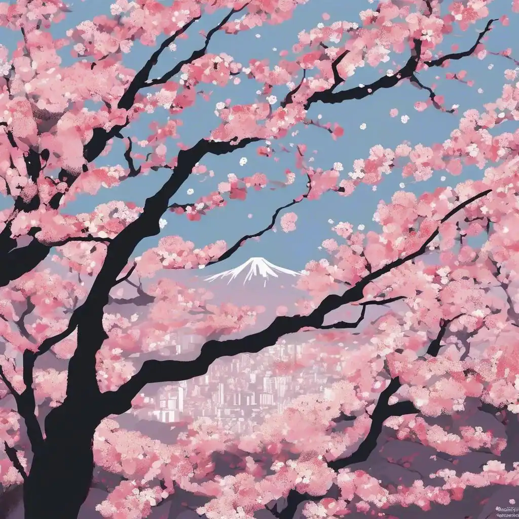 Blühender Kirschbaum vor Mount Fuji, romantische japanische Landschaft mit Frühlingsblumen, moderne Kunst, Sakura, Natur und Stadtbild, farbenfrohes Frühjahrsmotiv, suziu.com Kunstwerk.