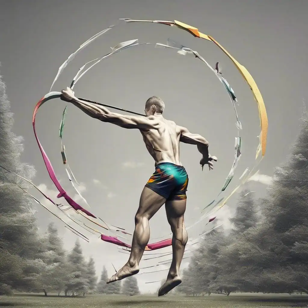 Seiltänzer mit bunten Tüchern, der eine lebendige Symbiose aus Kunst und Bewegung schafft, vor einem dramatischen Himmel und einer surrealen Landschaft.