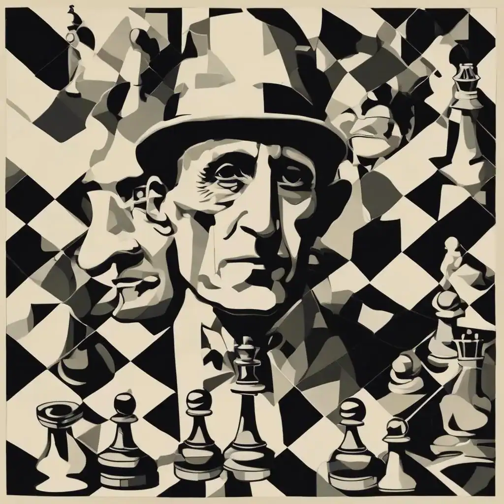 Derrick Holzkunst — abstraktes Schachporträt im geometrischen Stil, modernes Kunstwerk auf suziu.com, inspiriert von Wind der Kunst, schwarz-weiße Farbpalette, expressive Darstellung, zeitgenössische Wandkunst für Kunstliebhaber.