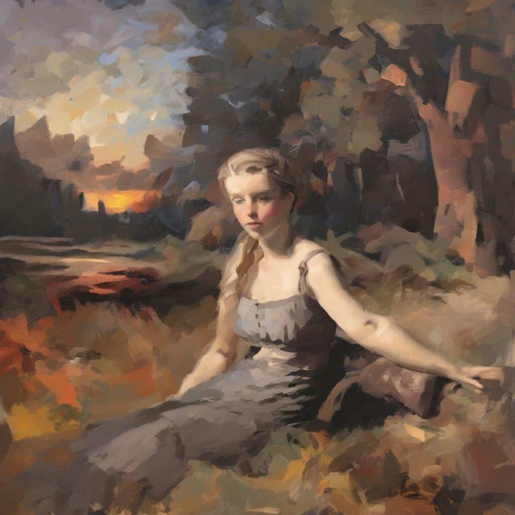 Ολόκληρη η εικόνα αναπαριστά μια ρομαντική, ζωγραφική εικόνα με νεαρή γυναίκα σε φυσικό περιβάλλον κατά το ηλιοβασίλεμα, με έμφαση στη δημιουργικότητα και την αισθητική.