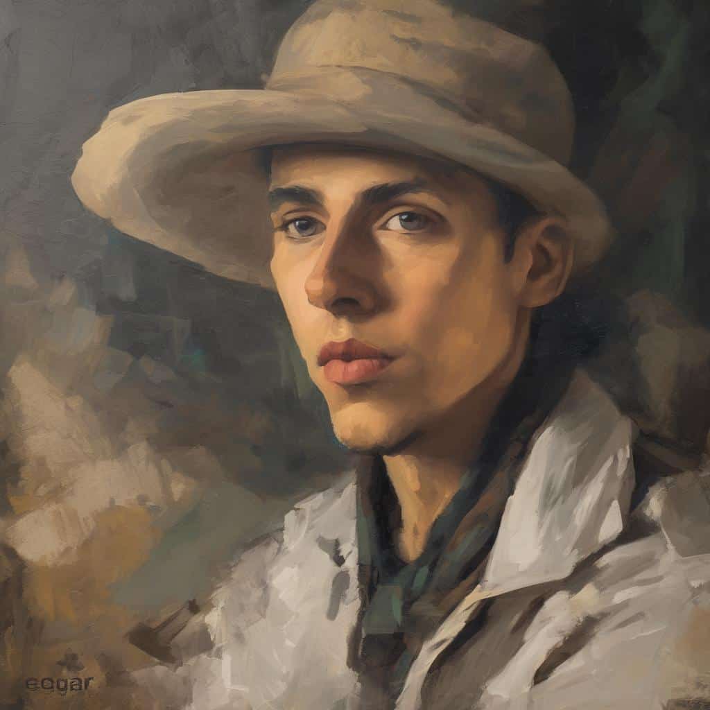 Φωτογραφία ανδρικού πορτραίτου με καπέλο και ατμοσφαιρικό φόντο, σε ζωγραφική τεχνική.