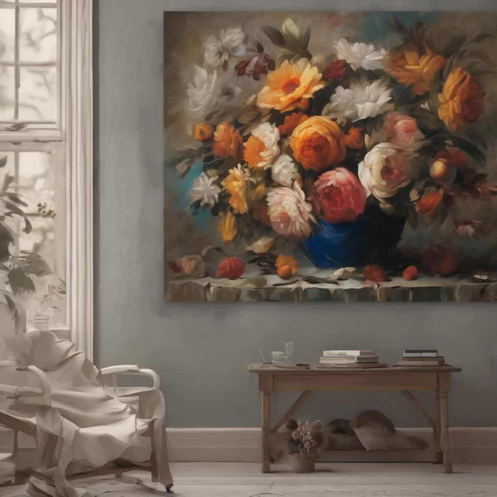 Ζωγραφιά με λουλούδια σε γλάστρα σε εσωτερικό χώρο, τέχνη και διακόσμηση.