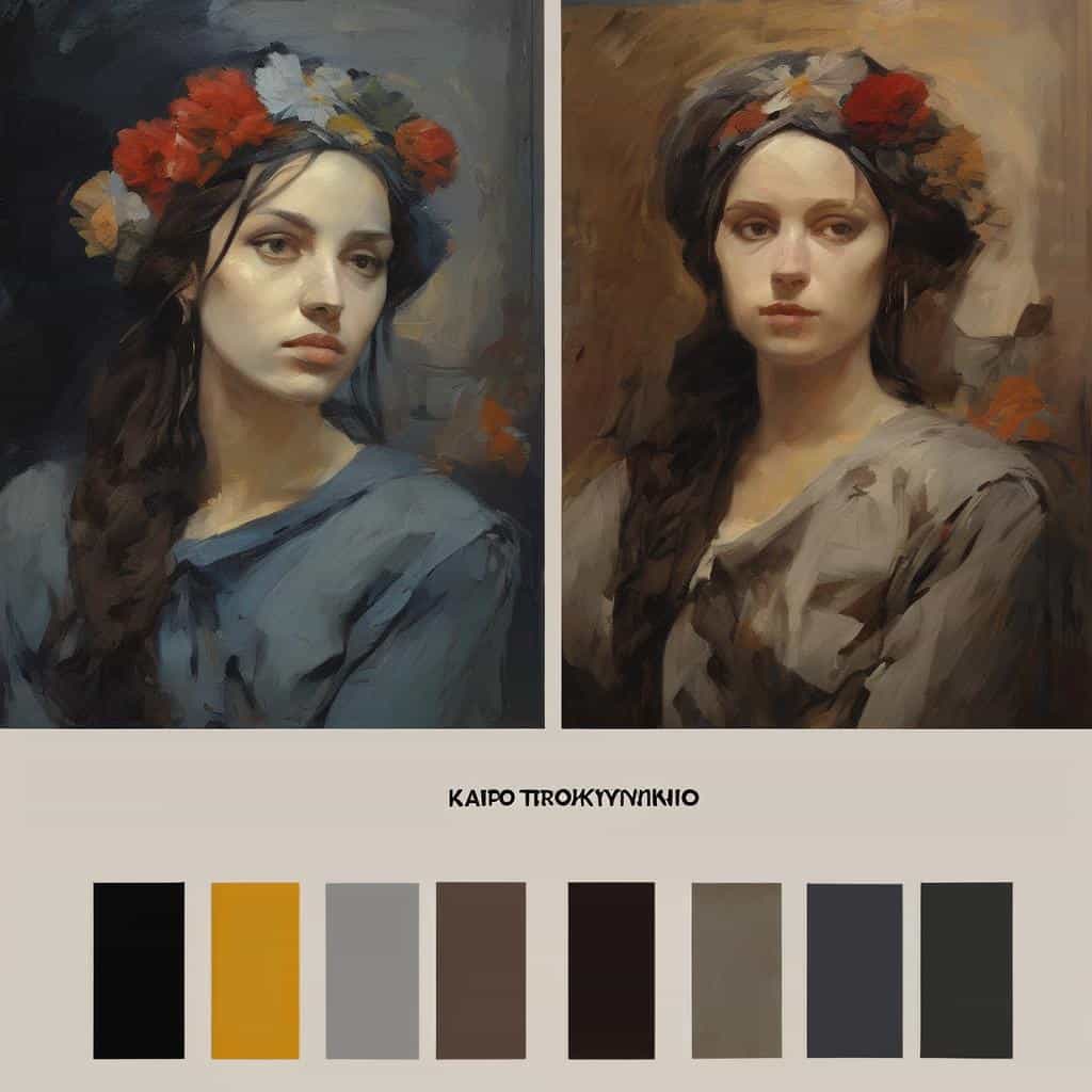 Ολοκληρωμένο πορτραίτο γυναίκας με λουλουδάτη στεφάνη σε ζωγραφικό στυλ, έντονα χρώματα και εκφραστικό βλέμμα.