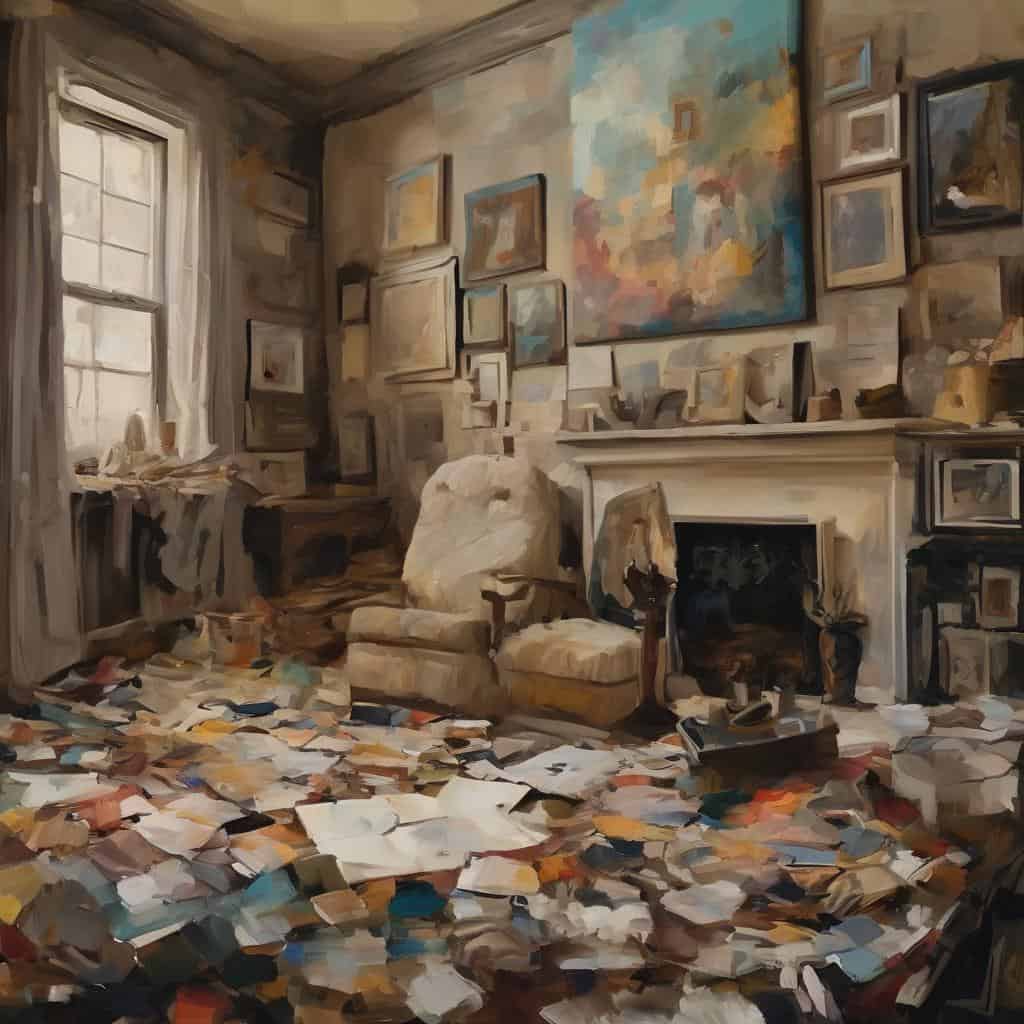 Αντικείμενο και αισθητική στον χώρο των ατελείωτων βιβλίων και έργων τέχνης, συμβολίζοντας την πληρότητα και την εσωτερική ακαταστασία.