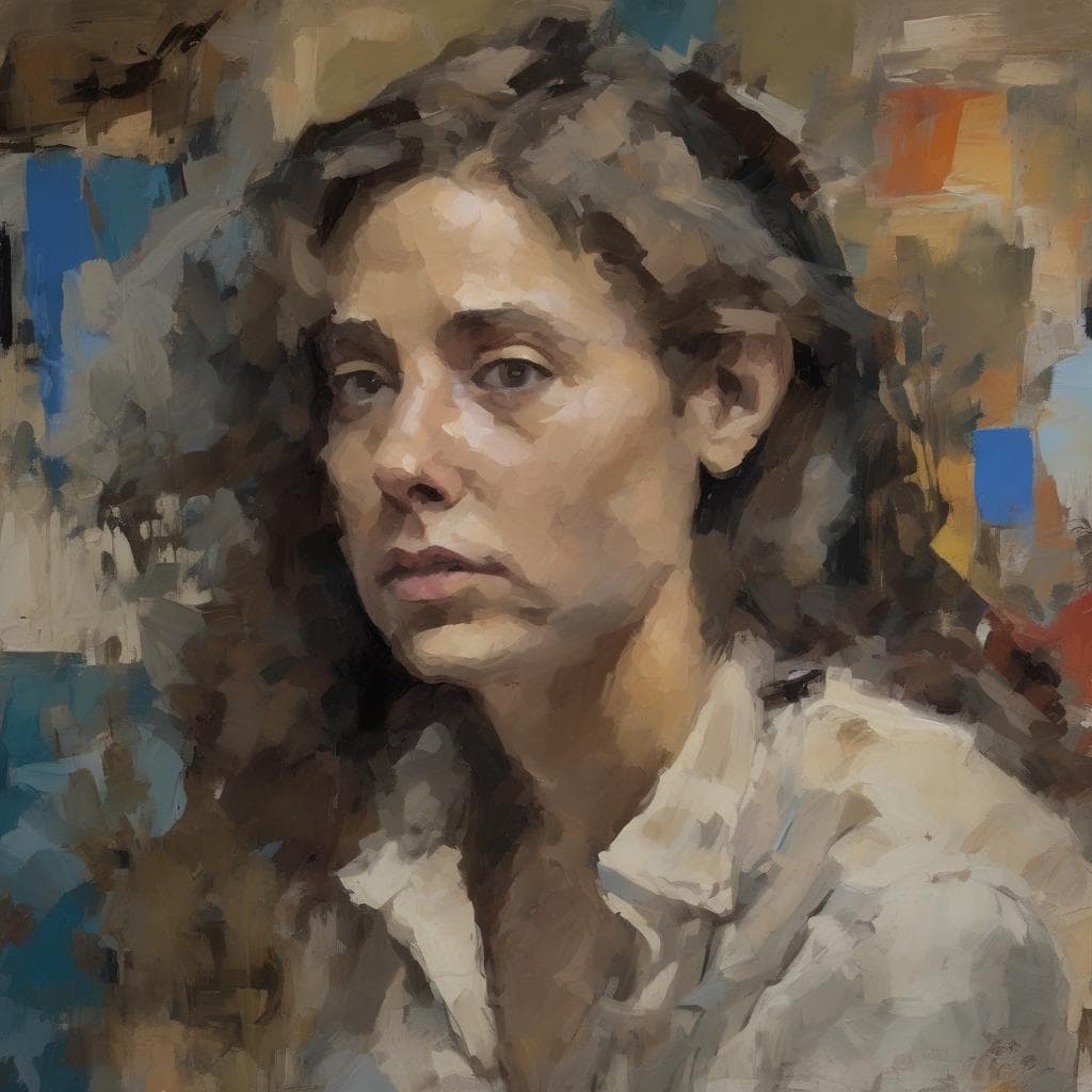 καλλιτεχνική πορτρέτο γυναίκας με έντονο στιλ και ένταση, απόδοση της πληρότητας στο μη ολοκληρωμένο.