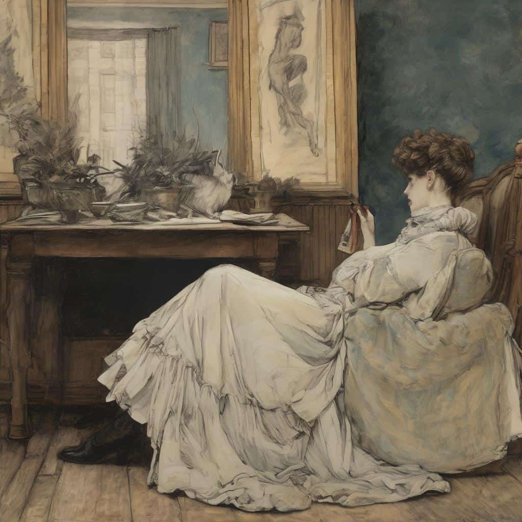 πλήρης γυναίκα με ρομαντικό φόρεμα καθισμένη σε βλέμμα σε πίνακα ζωγραφικής, εσωτερικό δωμάτιο νεοκλασικού στιλ, τέχνη και ιστορία, Η Πληρότητα στο Μη Ολοκληρωμένο.