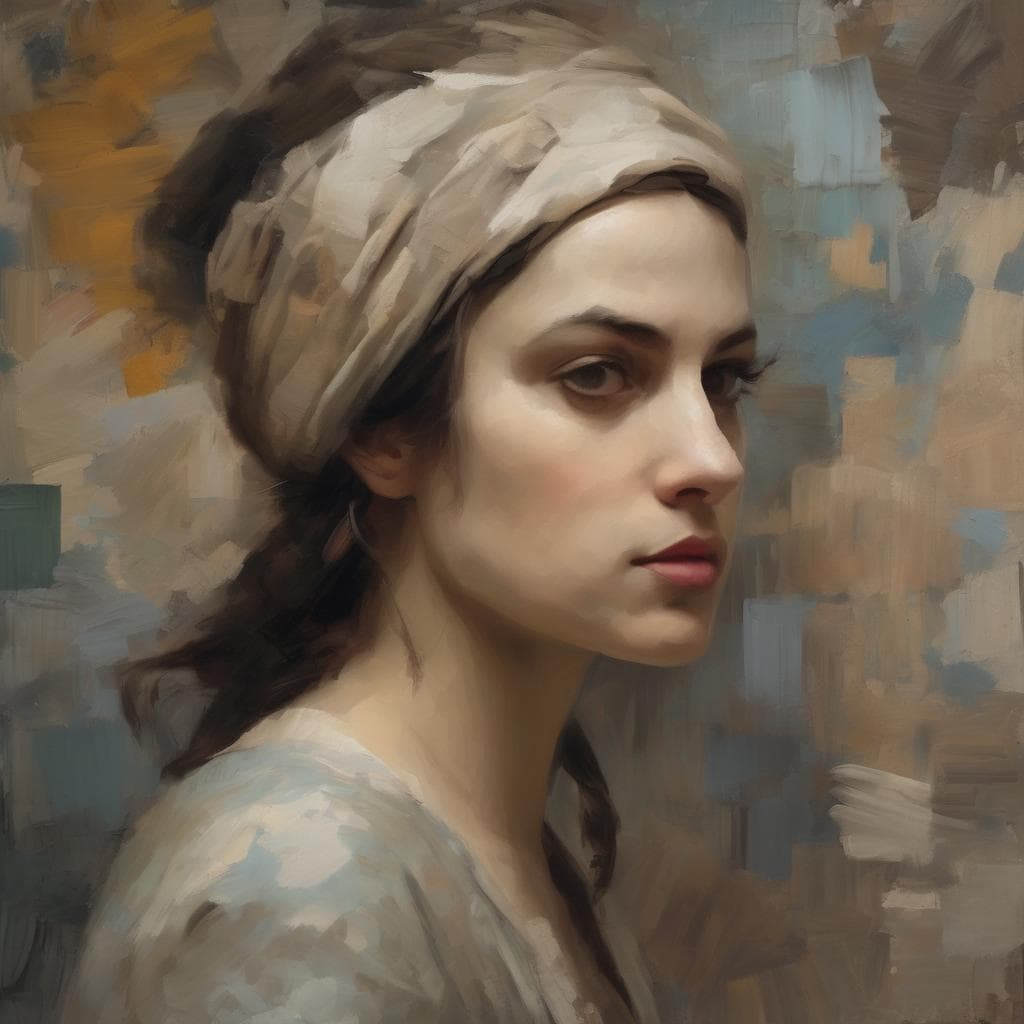 Ανθρώπινη πορτρέτα γυναίκας με καστανά μαλλιά και υφασμάτινο μαντήλι, ζωγραφική σε στυλ ρεαλισμού, φωτεινό και εκφραστικό.